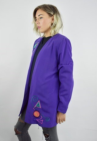 VINTAGE 80S PURPLE DUSTER JACKET W/ABSTRACT PRINT APPLIQUE