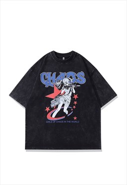 Anime t-shirt chaos slogan tee retro Japanese top in grey