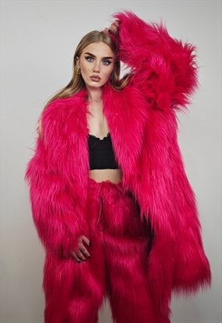 NEON PINK FESTIVAL COAT FAUX FUR FLUORESCENT SHAGGY TRENCH 