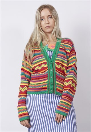 VINTAGE 80'S BENETTON MULTICOLOUR STRIPE PATTERN CARDIGAN
