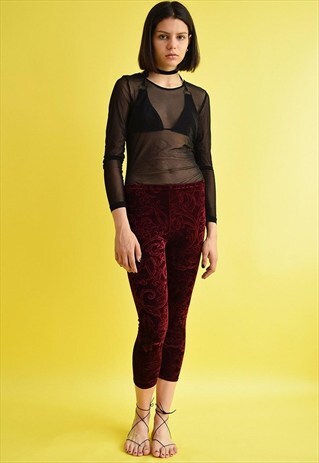 90'S RETRO MAROON VELVET CLASSY STRETCH LEGGINGS