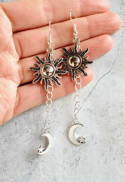 Handmade Celestial Sun and Moon Dangle Earrings