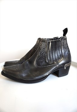 Vintage Black Genuine Leather Cowboy Western Boots Shoes