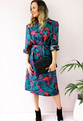 VINTAGE 80'S FLORAL PRINT GOLD BUTTONS DAY TEA DRESS