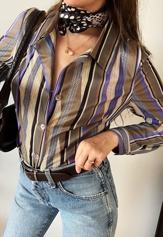 VINTAGE 60S MOD STRIPED LUXE PARISIAN CHIC SHIRT TOP BLOUSE