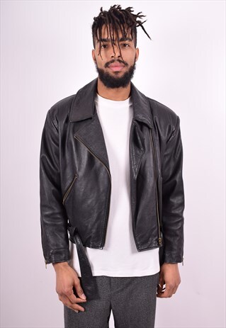 MENS VINTAGE LEATHER JACKET MEDIUM BLACK 90'S