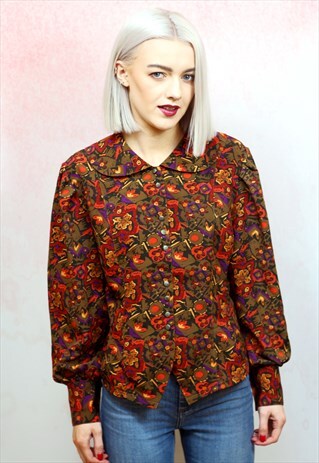 1980S VINTAGE ORANGE PATTERN VISCOSE BUTTON UP BLOUSE