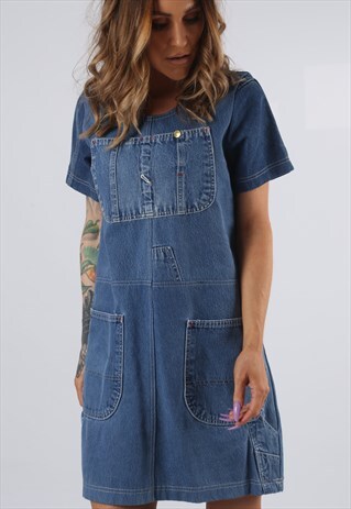VINTAGE DENIM DRESS BICH REWORKED DUNGAREES UK 8 - 10 (DDC)