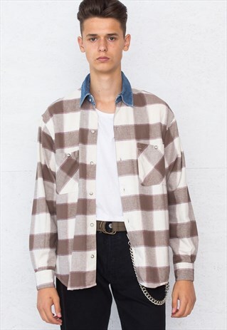 VINTAGE BROWN AND WHITE LONG SLEEVE CHECKERED FLANNEL SHIRT