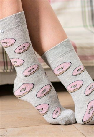 CUTE GRAY SOCKS WITH PINK DONUT, DOUGHNUT