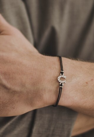 HORSESHOE BRACELET FOR MEN SILVER CHARM BLACK CORD FOR HIM
