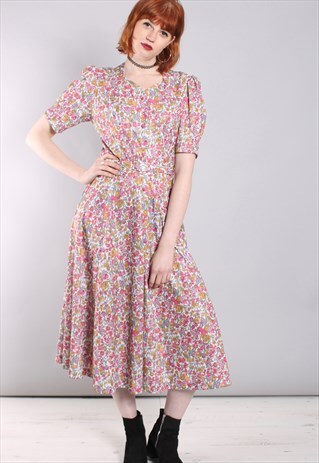 VINTAGE 80S FLORAL PUFF SLEEVE BELTED MIDI DRESS