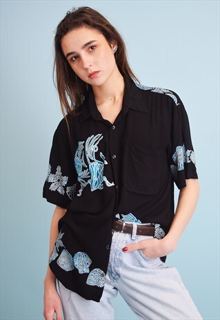 90'S RETRO FISH PRINT OVERSIZED SHIRT BLOUSE TOP