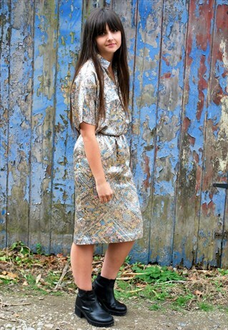 VINTAGE PAISLEY STYLE PASTEL SATIN CO-ORD SKIRT AND BLOUSE