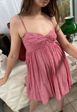 VINTAGE Y2K 00S GINGHAM CHECK MINI DRESS BOHO MILKMAID