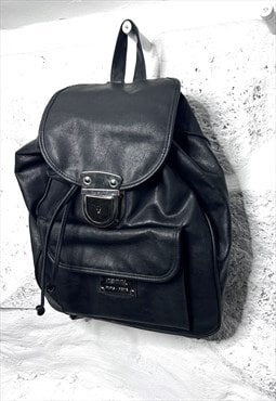 90s Drawstring Black Faux Leather Backpack 