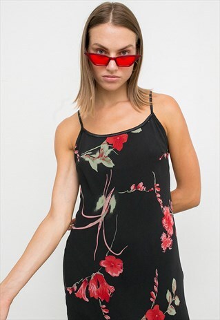 VINTAGE MIDI SUMMER SLEEVELESS DRESS BLACK FLORAL ROMANTIC
