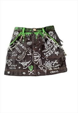 Hand painted creepy cute gothic punk skirt with chain 