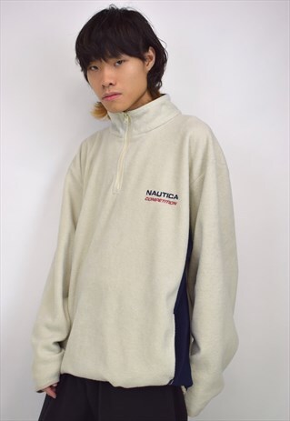 VINTAGE 90S NAUTICA CREAM NAVY FLEECE 3/4 ZIP JUMPER