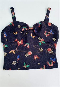70's Vintage Ladies Butterfly Print Black Crop Top Blouse 
