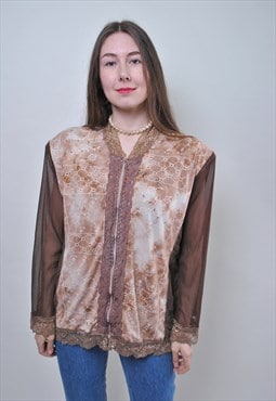 Vintage 90s sheer sleeves blouse, lace zipped up blouse