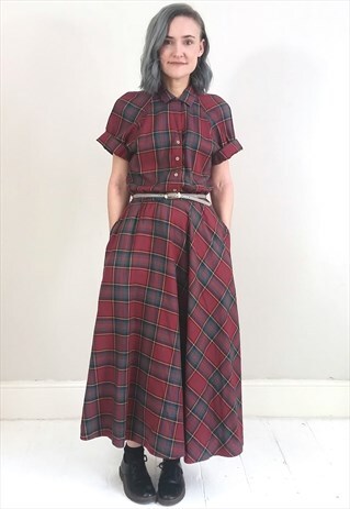 VINTAGE 90'S BURGUNDY TARTAN MAXI SHIRT DRESS W/ POCKETS