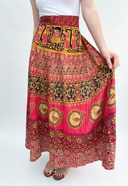 Vintage Ladies Skirt 70's Red Indian Cotton Maxi Wrap
