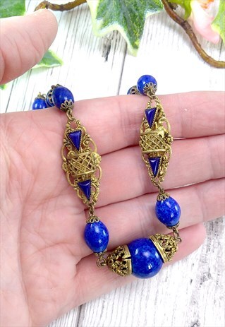 ART DECO BLUE PEKING GLASS CZECH NEIGER STYLE NECKLACE