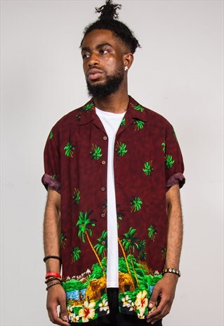 VINTAGE 90'S BURGUNDY HAWAIIAN SHORT SLEEVE SHIRT