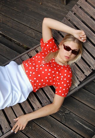 Vintage 80's dotted bright short festival glam blouse in red