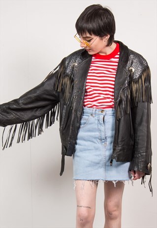 VINTAGE BLACK LEATHER TASSEL JACKET FRINGE