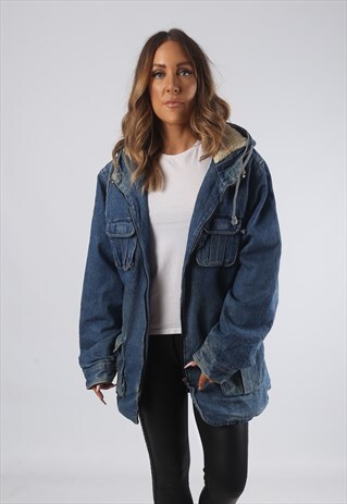 VINTAGE SHERPA LINED DENIM JACKET OVERSIZED LONG UK 14 (CR2R