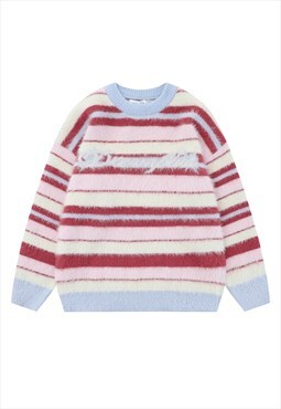 Horizontal stripe sweater fluffy knitted jumper soft top red