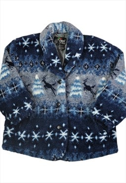 Vintage Sherpa Fleece Jacket Retro Pattern Blue Ladies Small