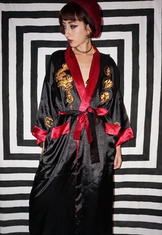 VINTAGE 90S REVERSIBLE BLACK AND RED SATIN KIMONO
