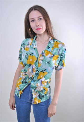 WOMAN VINTAGE GREEN FLORAL BOHO BLOUSE, SIZE M