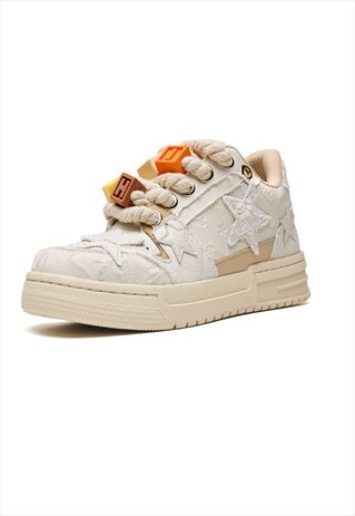 CHUNKY SOLE TRAINERS RETRO PATCH SNEAKERS STAR SHOES CREAM