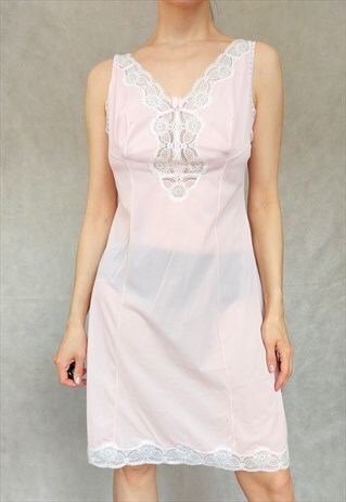 Vintage Pink Slip Dress, Medium Size Dress, Pink Lace Dress,