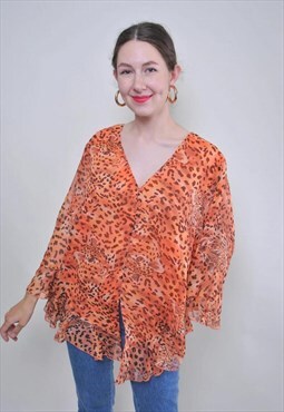 Leopard print vintage orange blouse, retro summer shirt 