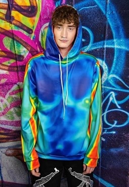 Body print hoodie thermal pullover raver jumper in acid blue