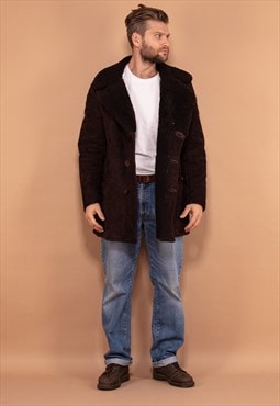 Vintage 70's Men Sheepskin Suede Coat in Dark Brown