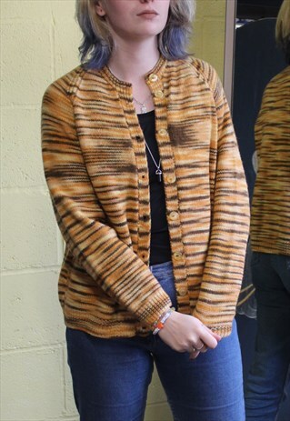 VINTAGE 60'S HOMEMADE TIGER PRINT NANNY KNIT CARDIGAN S/M