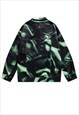 ABSTRACT PRINT DENIM JACKET TROPICAL JEAN BOMBER IN GREEN