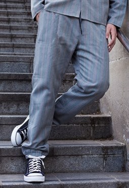 Grey Retro Premium wool Striped fabric trousers Pants