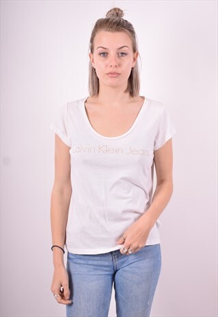 CALVIN KLEIN WOMENS VINTAGE T-SHIRT TOP SMALL WHITE 90'S