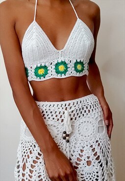Green and white crochet co-ord, skirt and floral bralette