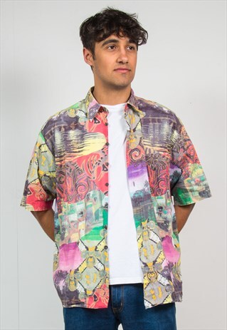 90'S VINTAGE SHORT SLEEVE SHIRT BRIGHT RAINBOW PATTERN