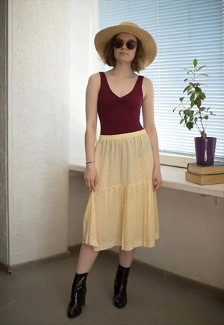 VINTAGE 80'S MIDI YELLOWISH POLKA DOT PLEATED BOTTOM SKIRT