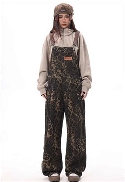 Leopard dungarees jean overalls animal print jumpsuit brown