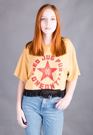 REWORKED VINTAGE CROP TEE WITH TASSEL PEPLUM.